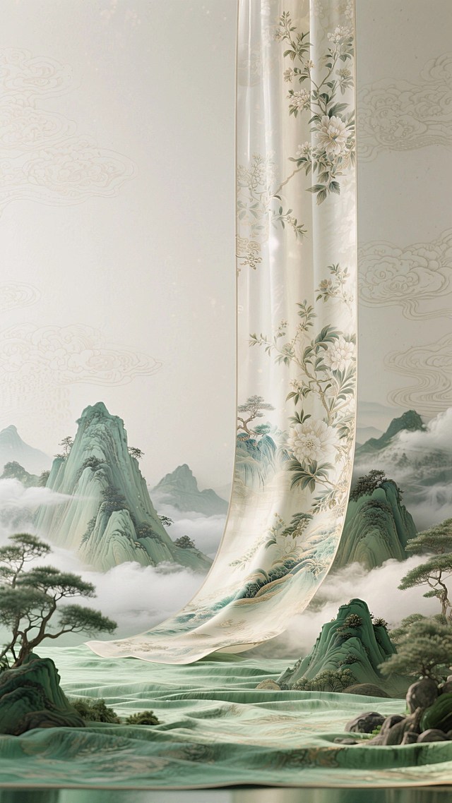 未来主义新中式；前景是镜面水面与金属镜面步道，悬浮的曲面建筑承接一座科技感的古典重檐楼阁（流动波纹，蓝绿渐变光效），后面是未来流动曲面形成的山体，整体色调淡紫+青蓝