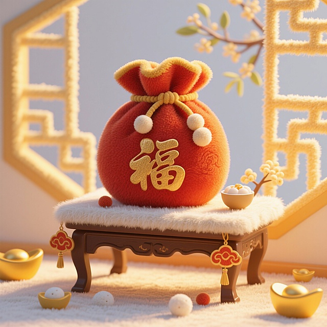 3D重拟物风格，毛发生长质感的红色福袋置于绒面小桌，搭配金元宝与梅花枝，中式喜庆氛围浓厚，节日元素细腻呈现。