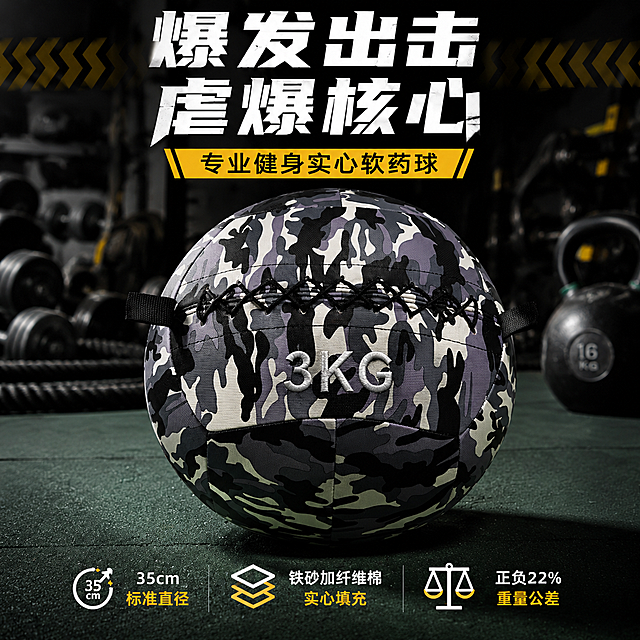 迷彩健身药球单球场景主图。一颗3KG迷彩健身药球居中放置在健身房绿色橡胶地面上，球正面朝向观众，3KG白色标识清晰可见，顶部黑色交叉缝线完整。背景是暗调健身房环境，左右两侧有虚化的壶铃、哑铃、战绳等健身器械，营造专业训练氛围。药球底部有自然投影，落地感真实。画面上方有大标题爆发出击虐爆核心，下方黄色胶囊条专业健身实心软药球。底部三列参数：35cm标准直径、铁砂加纤维棉实心填充、正负百分之二重量公差。硬朗侧光，专业健身摄影质感。正方形比例，2048像素，2K分辨率。