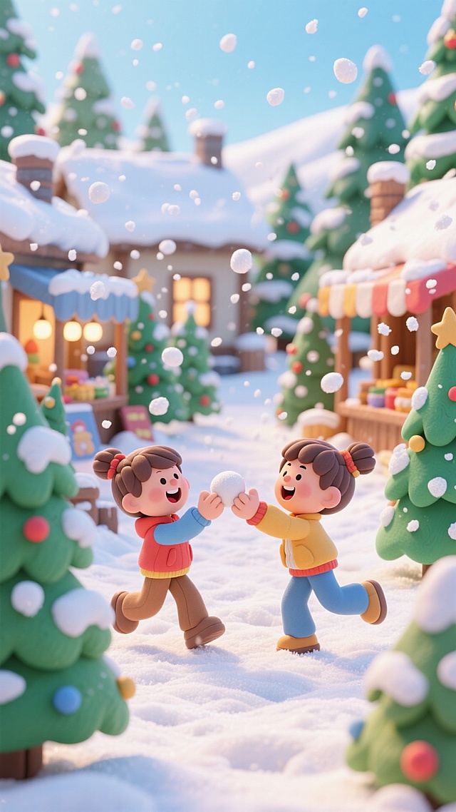 背景是白雪覆盖的乡村市集，有很多带装饰的松树，两个小孩在互相扔雪球，场景活泼，
