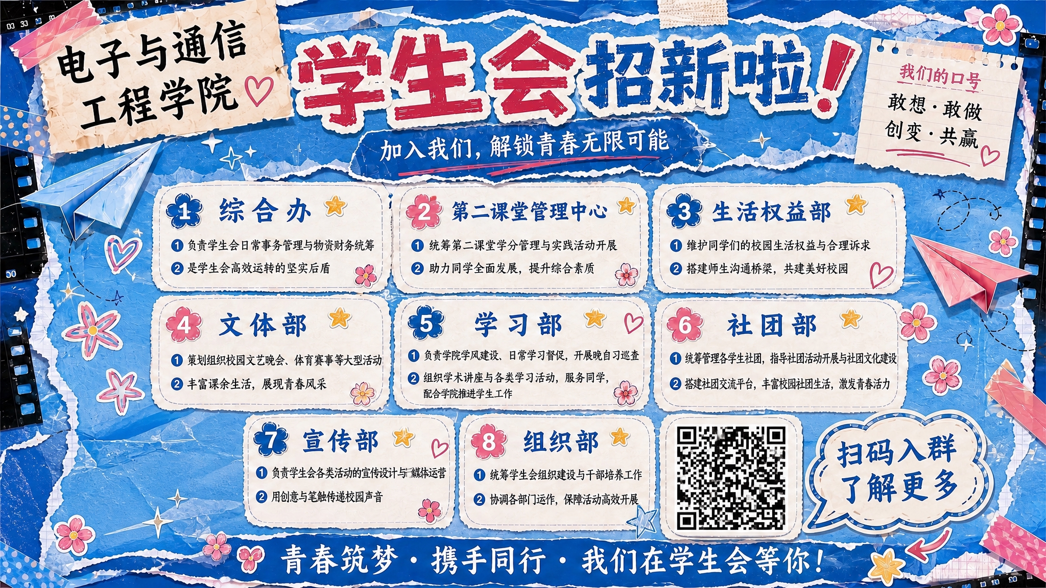 基于参考图的蓝底手账拼贴风格横版海报，做以下修改： 1. 去掉… - 图片创意预览