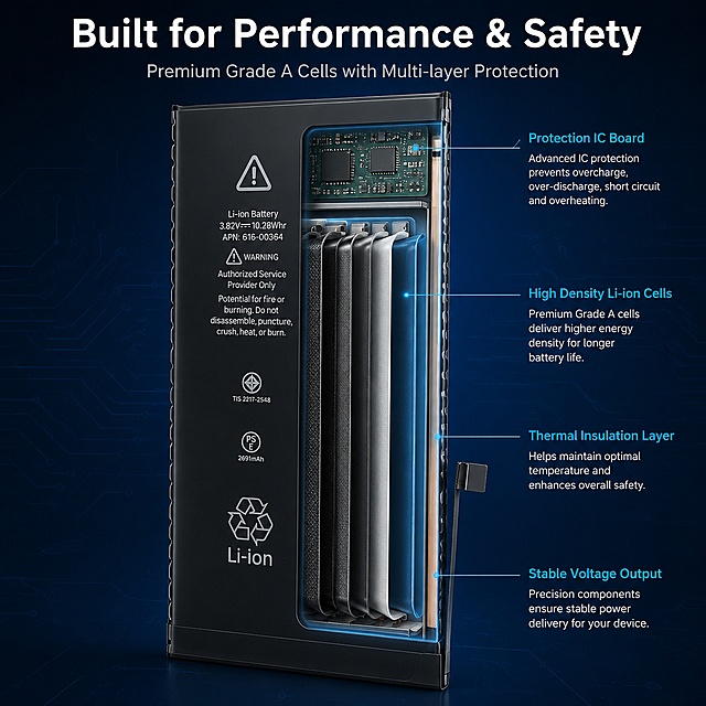 Technical structure and internal components showcase for Li-ion smartphone battery. Dark navy blue gradient background with subtle circuit board pattern. The black battery is shown in a semi-transparent cutaway view revealing internal layered structure: anode and cathode sheets, separator, electrolyte, protection circuit board at the connector end. Floating callout lines with labels point to key components: "Protection IC Board" at the connector tab, "High Density Li-ion Cells" in the main body, "Thermal Insulation Layer" along the edges, "Stable Voltage Output" near the terminals. Title at top in large white bold text: "Built for Performance & Safety". Subtitle below in smaller light gray: "Premium Grade A Cells with Multi-layer Protection". Keep the external battery appearance (shape, size, black color, connector tab) absolutely identical to the input product image. All text in English, clean technical sans-serif font, white and cyan accent colors. 1:1 square composition, ultra HD technical product illustration style with photorealistic rendering.