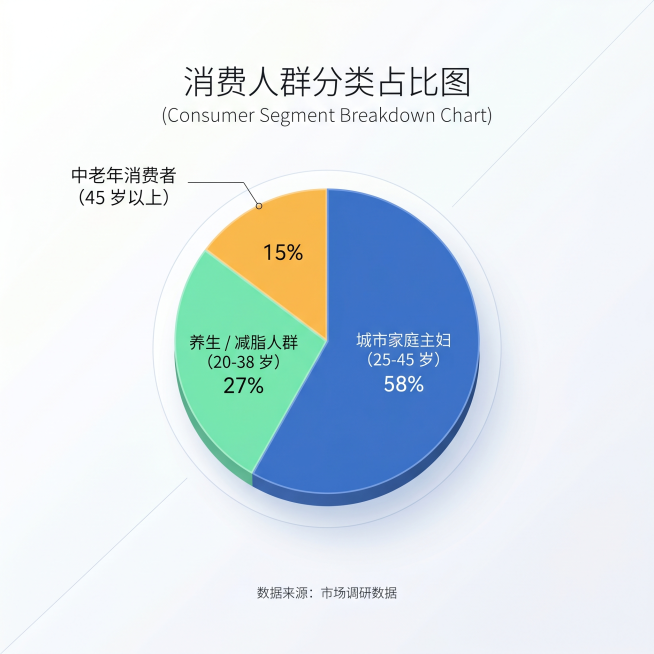 生成一张饼状图，展示三种消费人群分类及占比：城市家庭主妇（25-45 岁）占比58%，养生 / 减脂人群（20-38 岁）占比27%，中老年消费者（45 岁以上）占比15%，图表清晰美观，每种分类标注预览效果