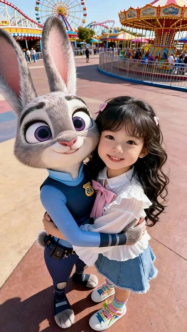 背景为游乐园，人物互相拥抱，背景为游乐园场所