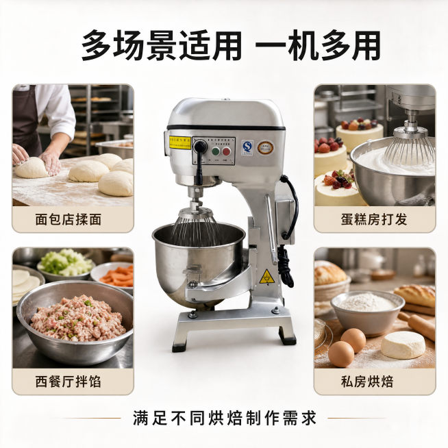 [主图-4] 多场景适用展示。保持产品风格和原图一致，去除原有的红色LOGO，顶部标题写"多场景适用 一机多用"，下方四宫格展示面包店揉面、蛋糕房打发、西餐厅拌馅、私房烘焙使用场景，每个场景标注名称，预览效果