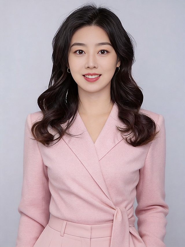 参考图中保留人物脸型、发型、年龄等特征生成职场形象照，保持人物不变，更换为粉色精纺羊毛混纺西装外套，西裤同色，不同手势和姿势，保留耳环，简约微微暖调浅灰色纯色背景，画质超高分辨率、细节清晰，现代精致感风格；肤质精细化处理；眼神直视镜头，目光坚定且澄澈，表情自然，嘴角上扬；肤色均匀，柔光美白细腻陶瓷肌肤，哑光肤质，肤色均匀提亮；杰作，最佳画质，超高细节，写实摄影，中近景人像，皮肤细腻通透，白皙清透皮肤，柔光，正面补光，画面干净清新，高清皮肤细节；面部光比1:1.5，4800K中性光，微微修饰脸型，肤质哑光细腻，面部雾面柔光，轻透裸肌感，真实毛孔纹理；分辨率4K，严格保留原人物特征