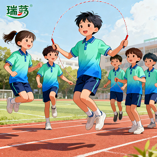 小学语文插画风格，一群小学生穿着瑞蒽三水小学校服，款式是渐变蓝绿色polo衫加深蓝色短裤，在操场一起大跳绳，瑞蒽LOGO放在左上方，突出校服吸湿排汗，自带凉感不闷汗的优点