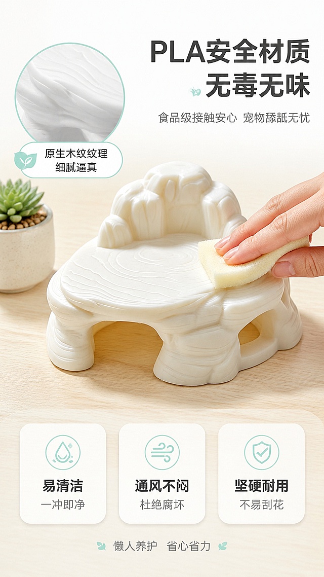 [第5张] 材质安全与易清洁-云霜阶款多层爬虫造景躲避晒台 清新洁净功能页。本张使用【图7】作为商品主体。
[氛围/风格] 清新洁净风 浅色调 安全可靠感 商业摄影质感
[元素布局] 奶白色款躲避晒台（云霜阶）放置在画面中部浅木色桌面上，产品占画面约45%。产品右侧有一只手正拿着海绵擦拭晒台表面，展示易清洁特性（仅露出手部局部）。左上角有一个圆形放大特写窗，展示PLA材质细腻的木纹纹理截面。下方三个横向圆角信息块展示三大优势：易清洁、通风不闷、坚硬耐用。背景为纯白渐变到浅米色，干净明亮。旁边摆放一小盆绿色多肉植物做点缀。保持产品外观与输入图一致。
[光影质感] 顶部大面积柔光，均匀明亮，几乎无硬阴影；产品表面有柔和高光，体现材质光滑易擦的质感；整体清新干净，像家居产品摄影风格；信息块有轻微投影，层次分明。
[配色色系] 全局底色奶白到浅米白渐变；主色奶白色（产品）；辅色浅木棕、多肉绿；强调色薄荷绿（安全标识和图标）。标题深灰色，辅助文字中灰色。
[视角构图] 俯视45度角，产品平放桌面，手部在右侧做擦拭动作；左上圆形特写窗悬浮；下方三个信息块横向排列；画面简洁留白多，突出洁净感和安全可靠感。
[文字版式] 右上主标题粗圆体深灰色大字："PLA安全材质 无毒无味"；副标题中灰色："食品级接触安心 宠物舔舐无忧"。特写窗旁标注："原生木纹纹理 细腻逼真"。下方三个信息块分别配图标和文字："易清洁 一冲即净"、"通风不闷 杜绝腐坏"、"坚硬耐用 不易刮花"，薄荷绿图标+深灰字。底部一行小字："懒人养护 省心省力"。
[比例分辨率] 9:16竖版比例，4K分辨率，文字清晰可辨，高清画质
[负向提示词] 变形 水印 文字错乱 文字过小 缺件错件 结构错误 颜色偏差 产品图模糊 背景杂乱 手部畸形 多指 手指扭曲