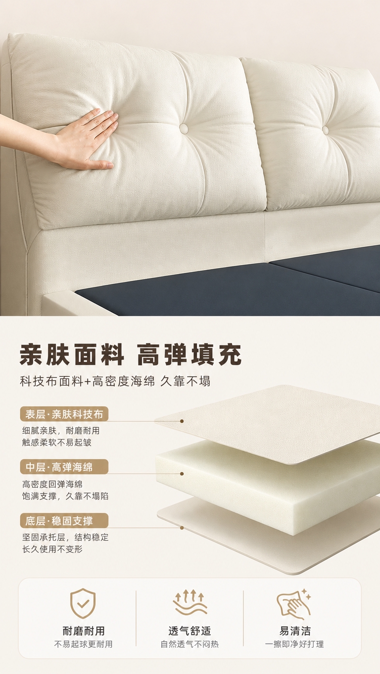 [商品] 使用【图1】奶油白色软包床头双人床；保留双块方形软包… - 图片创意预览