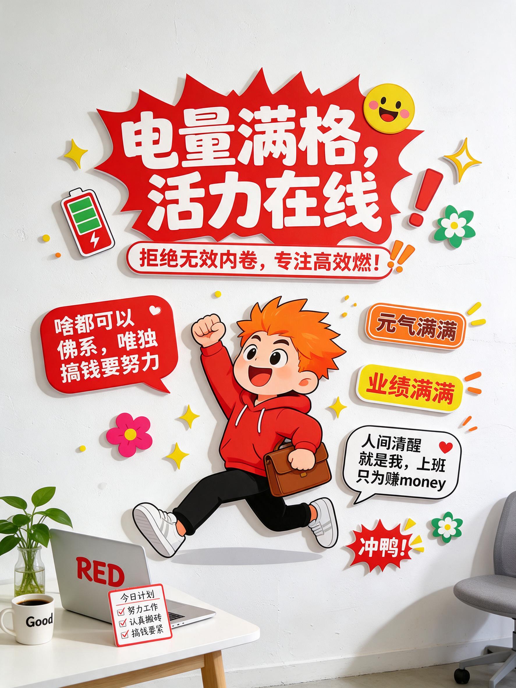 小红书官方风格办公室文化墙设计，年轻活泼多巴胺美学，红色系为主… - 图片创意预览