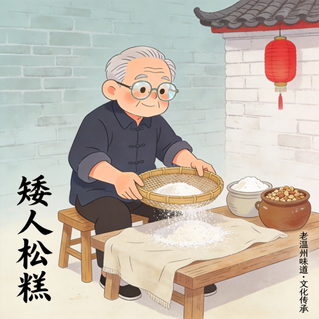 新中式素雅插画，可爱温州老匠人正在过筛松粉制作温州传统民俗小吃矮人松糕，突出手工匠心、烟火温情、瓯越年味，老温州味道文化传承，风格素雅简约预览效果