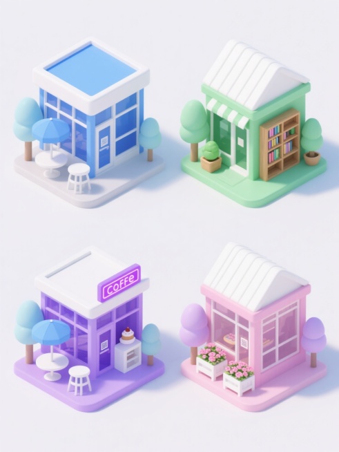 4个等大的2.5D等距视角建筑场景，每个场景保持相同的极简主义设计风格，柔和的渐变色彩，圆润的边角处理，统一的光影效果（柔和的顶部光源，轻微的阴影），纯色背景（每个场景背景颜色不同），元素类目为商业店铺及其周边环境。第一个场景：蓝色系咖啡馆，白色屋顶，蓝色玻璃幕墙，门前有白色圆形户外座椅和蓝色遮阳伞，周围点缀浅蓝色树木；第二个场景：绿色系书店，白色屋顶，绿色玻璃幕墙，门前有木质书架展示区和绿色……预览效果
