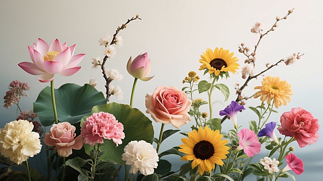 想要一张有荷花、莲花、玫瑰花、菊花、向日葵、梅花、康乃馨、牵牛花图