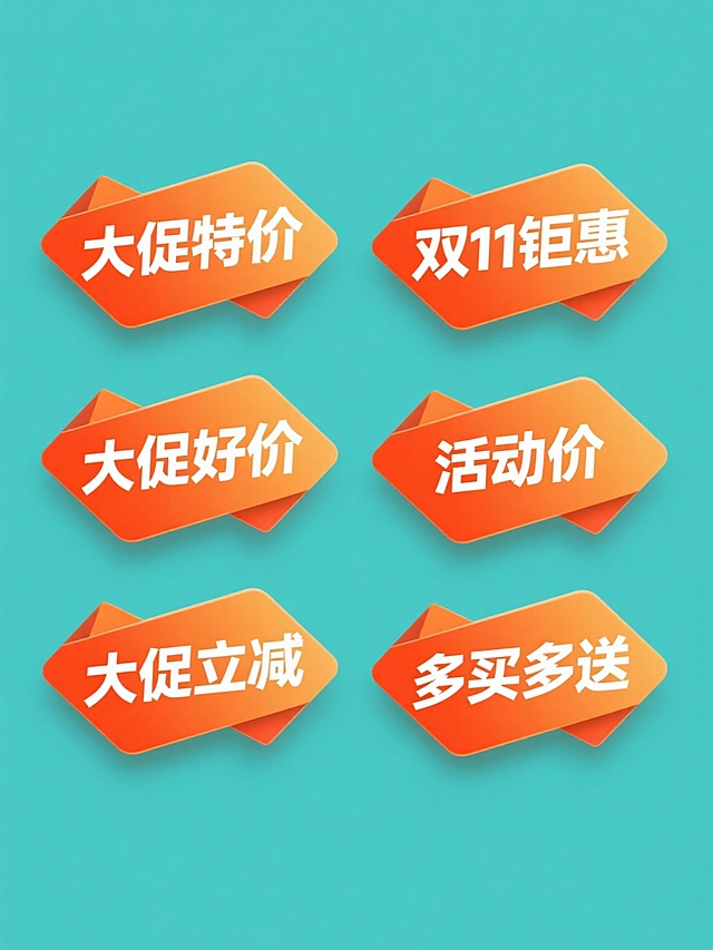 6个规整排布的促销标签素材，每个标签均为橙色渐变立体折纸风格，边缘有高光和阴影细节，纯色背景，标签文案分别为“大促特价”、“双11钜惠”、“大促好价”、“活动价”、“大促立减”、“多买多送”，文字为白色粗体无衬线字体，位于标签中央，整体设计简洁明快，具有现代促销海报的视觉层级和信息传达效率。