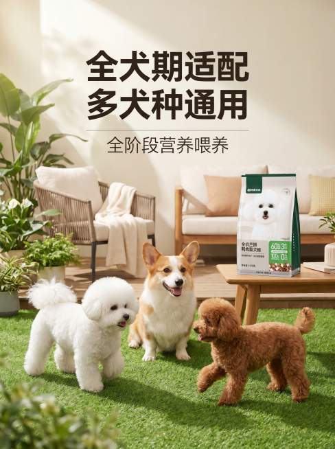 [主图 8] 网易天成犬粮全犬种适配场景图。
[氛围风格] 温馨和谐自然的庭院居家实景风
[画质] 8K全景实景拍摄，多只宠物状态自然，环境光线柔和，整体风格统一，色彩协调清晰，画面干净高级
[元素]预览效果