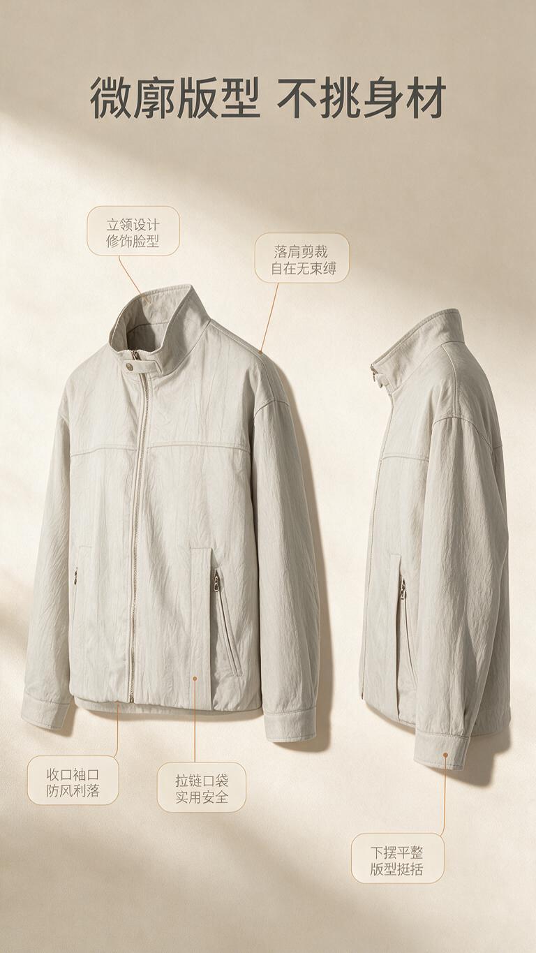 [商品] 使用【图1】浅米色立领肌理感休闲夹克；商品处理：保留… - 图片创意预览
