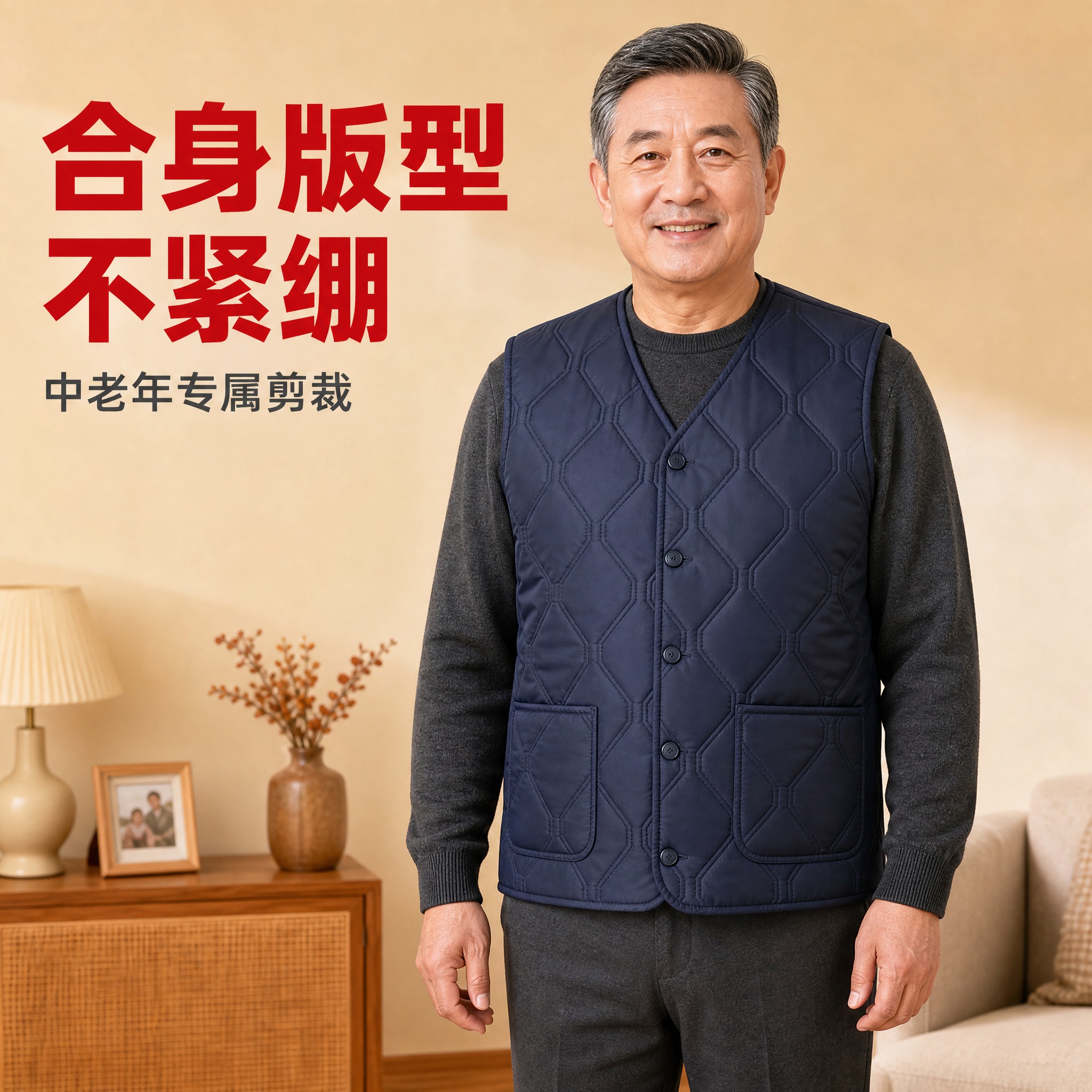 [主图-2] 中老年男士加绒马甲上身效果展示图，中年男士模特正… - 图片创意预览