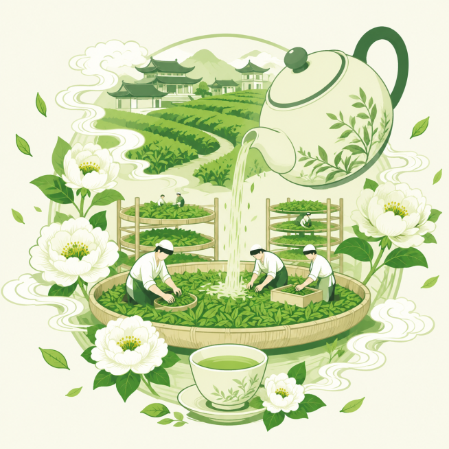 参考第一张日照绿茶信息可视化海报的风格，将第二张图片的制茶插画改为扁平插画风，保留原第二张图的全部制茶场景内容，整体使用清新绿配色，保持日照绿茶相关主题预览效果