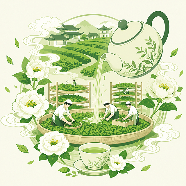 参考第一张日照绿茶信息可视化海报的风格，将第二张图片的制茶插画改为扁平插画风，保留原第二张图的全部制茶场景内容，整体使用清新绿配色，保持日照绿茶相关主题