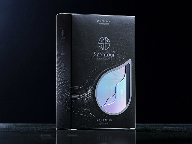 Product packaging photography, NFC perfume box, minimalist luxury tech style, deep space black and holographic silver color scheme. Features frosted UV ocean wave texture, silver embossed logo, laser-cut translucent window. Studio lighting, soft rim light, high-end cosmetics commercial photography, 8k resolution, photorealistic