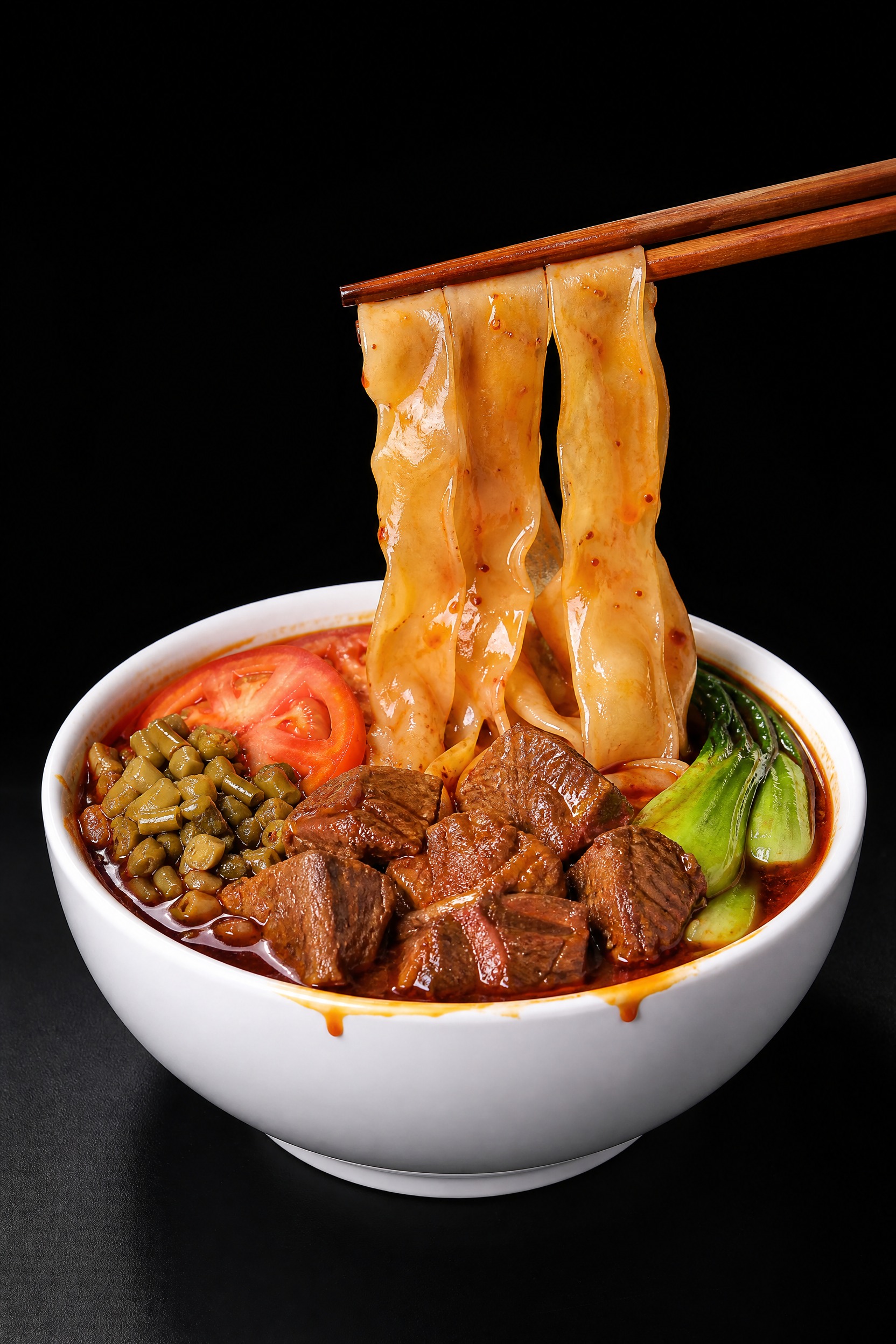 美食商业摄影，一碗红烧牛肉宽刀削面，白色圆形深口大碗完整呈现，… - 图片创意预览