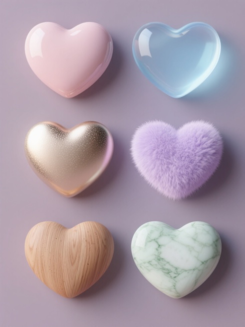 系列集合海报，纯色背景，软3D风格，六个完全不同材质的爱心元素规整排布，保持爱心的圆润造型和柔和高光特征。第一个爱心为光滑亮面陶瓷材质，呈现淡粉色；第二个爱心为磨砂玻璃材质，呈现淡蓝色，带有半透明质感；第三个爱心为哑光金属材质，呈现淡金色，带有细腻的金属颗粒感；第四个爱心为绒毛材质，呈现淡紫色，带有柔软的绒毛纹理；第五个爱心为木纹材质，呈现淡棕色，带有自然的木纹肌理；第六个爱心为大理石材质，呈……预览效果