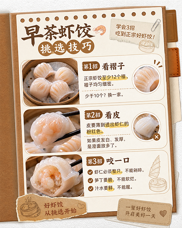 早茶虾饺挑选技巧图文海报，分三点展示技巧文案：
"第1招：看褶子
正宗虾饺至少12个褶，褶子均匀细密。少于10个？换一家。
第2招：看皮
皮要薄到透出虾仁的粉红色。如果皮发白、发厚，是澄面放多了。
第3招：咬一口
虾仁必须整只，不能剁碎。笋丁要脆，不能软烂。汁水要鲜，不能腥。"
，采用参考图的复古棕色系记事本风格，牛皮纸装饰元素，分块排版清晰，适合美食科普内容