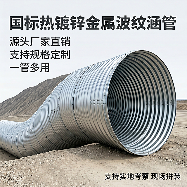 [主图-1] 国标热镀锌金属波纹涵管工程实景首图
[氛围风格] 专业工业建材风格，突出品质与源头厂家实力
[画质] 商业摄影质感、光线通透、产品清晰真实、画面干净高级
[元素] 保留金属波纹涵管外观、物理结构、热镀锌银灰色金属质感与输入产品图绝对一致，杜绝变形和色差。金属波纹涵管施工场景居中展示，商品主体占比约70%，背景干净简洁，清理杂乱多余元素，突出产品本身。画面干净专业，无杂乱遮挡。
[光影] 明亮自然日光，主光清晰勾勒波纹结构，金属表面反光自然均匀，阴影层次分明，突出材质质感
[配色] 主色调为热镀锌金属银灰色，辅以浅土色背景，专业简洁
[视角构图] 平视角度，景深适中，涵管轮廓完整不裁切
[文字版式] 左上负空间左对齐留安全边距，大字主文案写"国标热镀锌金属波纹涵管"，加粗最大号深灰色无衬线字体。下方三行辅助卖点，每行一个卖点，字号缩小一半："源头厂家直销 支持规格定制 一管多用"。右下角安全区域小字写"支持实地考察 现场拼装"，保持清晰不遮挡主体。
[比例分辨率] 1:1比例，2048px*2048px 2k分辨率，文字清晰可辨，超高清
[负向提示词] 变形，水印，文字错乱，产品模糊，背景杂乱，遮挡主体