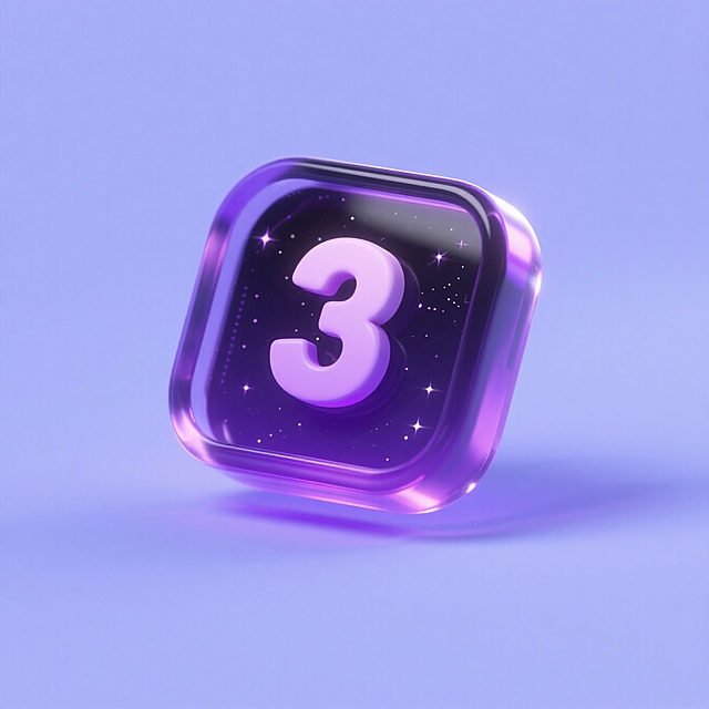 未来感3D风设计，软3D玻璃质感立方体，数字“3”闪耀梦幻光芒。