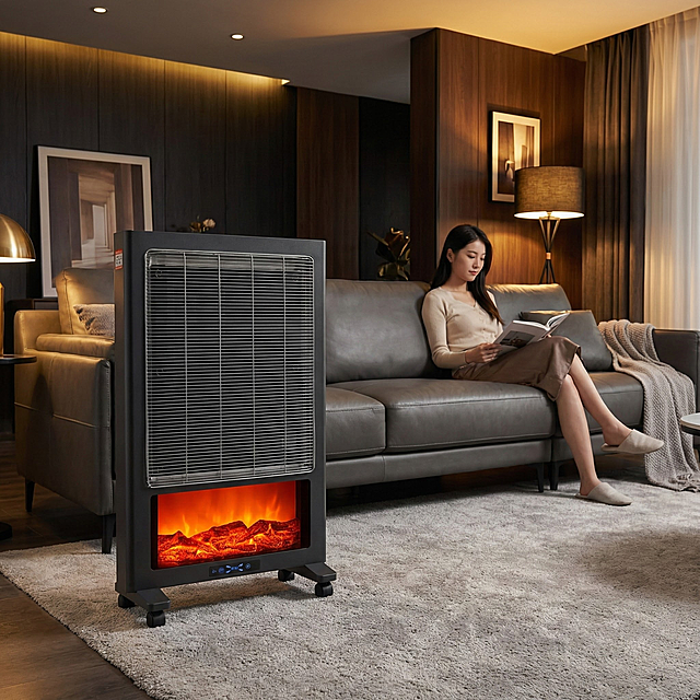 将暖风机放置于深色系客厅中，放在沙发前，客厅背景高端大气，客厅灯光温馨温暖，沙发是超长高级的牛皮质感，沙发上坐着一位年轻的中国女人在看书，地毯颜色是浅灰色质感，暖风机占画面60%的面积，画面质感强，写实风格