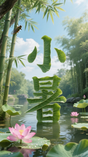 画面视觉中心为荷叶组成的“小暑”大字，宁静的池塘，幽静的竹林，蝉，荷花，阳光，蓝天白云预览效果