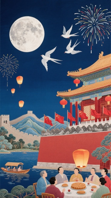刺绣针织风格，墨蓝夜空悬着一轮饱满的圆月和绽放的烟花，和平鸽在天空飞翔，银辉洒在故宫城楼的飞檐上，檐角下挂满红彤彤的灯笼，灯笼穗子随风轻晃，楼前飘扬着红色旗帜，远处山上有蜿蜒的长城，近处西湖湖面上有游预览效果