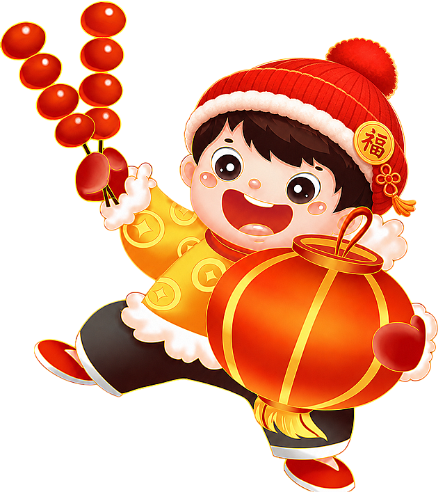 给小孩戴上红色的毛线帽子，保持原有喜庆新年卡通风格，保留糖葫芦和灯笼元素，整体和原图协调