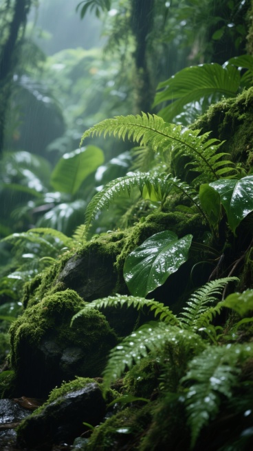 一张充满生机的森林背景照片，画面中茂密的绿色蕨类植物与宽大的热带叶片交织，覆盖着厚厚苔藓的岩石点缀其间，整体呈现出深绿与鲜绿的自然色彩渐变。柔和的侧逆光穿透枝叶，在植物表面形成明亮的高光和深邃的阴影，营造出神秘而宁静的氛围。前景的蕨类叶片清晰锐利，背景的植被逐渐虚化，形成自然的景深效果。湿润的苔藓质感细腻，叶片上仿佛带着晨露的光泽，展现出热带雨林般的繁茂与清新。预览效果