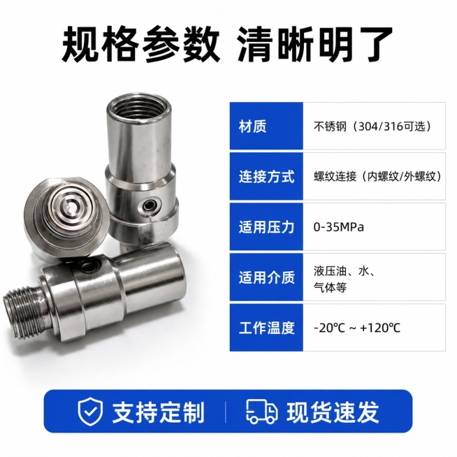 [主图-5] 规格参数-不锈钢液压快速接头规格参数说明。
[氛围风格] 专业参数展示风格，干净清晰；
[画质] 商业摄影质感，产品清晰，文字易读。
[元素] 产品主体放置画面左侧，占据约50%空间，右预览效果