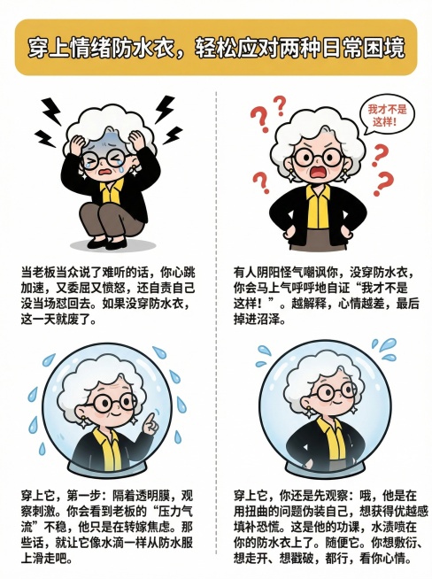 竖版3:4的极简扁平卡通插画，纯白色背景，无任何色块。采用左右双栏对比构图，中间以一条细灰色虚线分隔。整体从上到下分为：顶部标题栏 + 左右两个大区域，每个区域内又分为上下两小层。
顶部标题栏：黄色圆预览效果