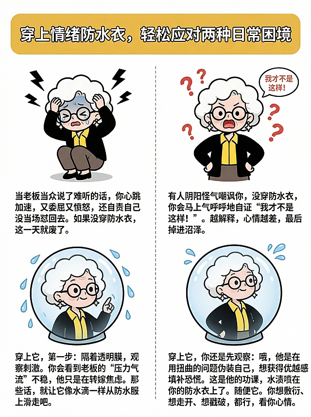 竖版3:4的极简扁平卡通插画，纯白色背景，无任何色块。采用左右双栏对比构图，中间以一条细灰色虚线分隔。整体从上到下分为：顶部标题栏 + 左右两个大区域，每个区域内又分为上下两小层。
顶部标题栏：黄色圆角矩形（色号 #eec25b），宽度占画幅90%，居中，内部白色大字标题 "穿上情绪防水衣，轻松应对两种日常困境"，黑色细描边，标题样式和参考附件一致。
左侧区域 - 老板当众批评场景：
左侧上半区（未穿防水衣）：插画为小尺寸百岁酷婆婆，占该区15%高度，参考附件人物形象：白色云朵卷爆炸头，圆框黑眼镜，星星造型耳环，黄色翻领衬衫，黑色开衫外套。婆婆蹲坐在地上，双手抱头，表情委屈愤怒，眉头紧皱，眼角有泪珠，周围画几条黑色闪电线条表示情绪冲击。文字为黑色狮尾半月体-Medium字体，左对齐，不加底色框："当老板当众说了难听的话，你心跳加速，又委屈又愤怒，还自责自己没当场怼回去。如果没穿防水衣，这一天就废了。"
左侧下半区（穿上防水衣）：插画为同一位百岁酷婆婆，穿着透明圆形“潜水器”造型的防水衣，神态平静好奇，一只手轻轻戳透明罩，透明罩外有几滴蓝色水珠滑落。文字为黑色狮尾半月体-Medium字体，左对齐，不加底色框："穿上它，第一步：隔着透明膜，观察刺激。你会看到老板的“压力气流”不稳，他只是在转嫁焦虑。那些话，就让它像水滴一样从防水服上滑走吧。"
右侧区域 - 阴阳怪气嘲讽场景：
右侧上半区（未穿防水衣）：插画为小尺寸百岁酷婆婆，形象参考附件，双手叉腰，嘴巴张成圆形，表情气呼呼，周围画着红色问号和气泡，气泡内有小字 "我才不是这样！"。文字为黑色狮尾半月体-Medium字体，左对齐，不加底色框："有人阴阳怪气嘲讽你，没穿防水衣，你会马上气呼呼地自证“我才不是这样！”。越解释，心情越差，最后掉进沼泽。"
右侧下半区（穿上防水衣）：插画为同一位百岁酷婆婆，穿着同样的透明防水衣，双手背在身后，表情轻松悠闲，歪头看着画面外，透明罩上溅着几滴蓝色水渍但婆婆毫不在意。文字为黑色狮尾半月体-Medium字体，左对齐，不加底色框："穿上它，你还是先观察：哦，他是在用扭曲的问题伪装自己，想获得优越感填补恐慌。这是他的功课，水渍喷在你的防水衣上了。随便它。你想敷衍、想走开、想戳破，都行，看你心情。"
整体要求：整个画面纯白背景，无任何色块，文字区域无底色框，左右两栏之间有一条细灰色虚线作为分隔线，各区域间距均匀，排版整洁，人物形象和参考附件保持一致，风格为极简扁平卡通，粗黑圆润轮廓线，明亮高饱和平涂色彩，轻微柔和渐变，无厚重阴影，可爱Q版，高清8K。