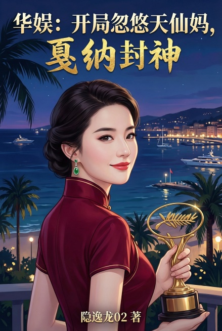将人物改为身穿酒红色改良旗袍，佩戴翡翠耳环，盘发，去除围巾露出肩颈线条，手持金棕榈奖杯，侧脸向左微笑自信，背景替换为戛纳海滨夜景，添加文字：上部白金色字体“华娱：开局忽悠天仙妈，戛纳封神”，其中“戛纳预览效果