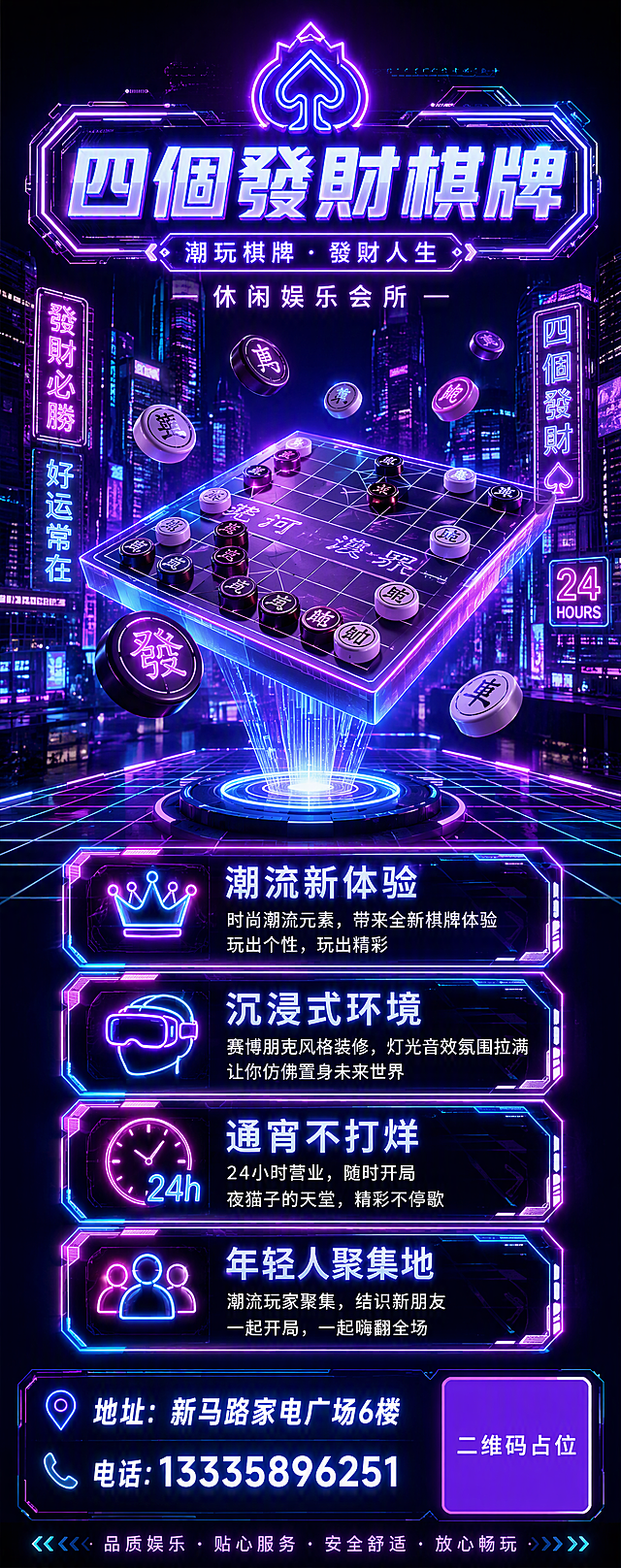 竖版展架海报，现代科技潮流风格，休闲娱乐会所主题。画面顶部是霓虹发光效果的Logo和主标题"四個發財棋牌"，字体采用未来感科技字体，发出蓝紫色霓虹光。中间主体是悬浮在空中的3D立体棋盘和棋子，配合赛博朋克风格的城市夜景背景，霓虹灯牌、电子网格线、全息投影效果，色彩以紫色、蓝色、粉色霓虹光为主。中部用发光的几何边框展示卖点："潮流新体验"、"沉浸式环境"、"通宵不打烊"、"年轻人聚集地"。底部是发光的地址电话信息："地址：新马路家电广场6楼"、"电话：13335896251"。整体风格炫酷潮流，科技感十足，版式精美，视觉冲击力强。画面中所有数字必须精确渲染，不得错位、遗漏或编造。画面中所有信息区域必须填充完整合理的内容，不得出现空白框、空白占位。画面中所有二维码区域使用纯色方块占位符呈现，方块中央标注"二维码占位"文字，严禁生成任何可识别的二维码图案。