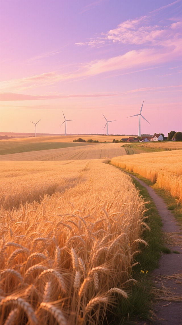 金色麦田在夕阳下随风起伏，麦穗颗粒饱满泛着暖橙色光泽，远处地平线上矗立着几座白色风车，天空被染成渐变的粉紫色，飘着几缕柔软的云彩，田野边缘有一条蜿蜒的小路通向远方的村庄，整体画面呈现出温暖宁静的田园氛围，色彩明亮饱和，构图采用三分法，地平线置于画面三分之一处，突出麦田的广阔与天空的绚丽。