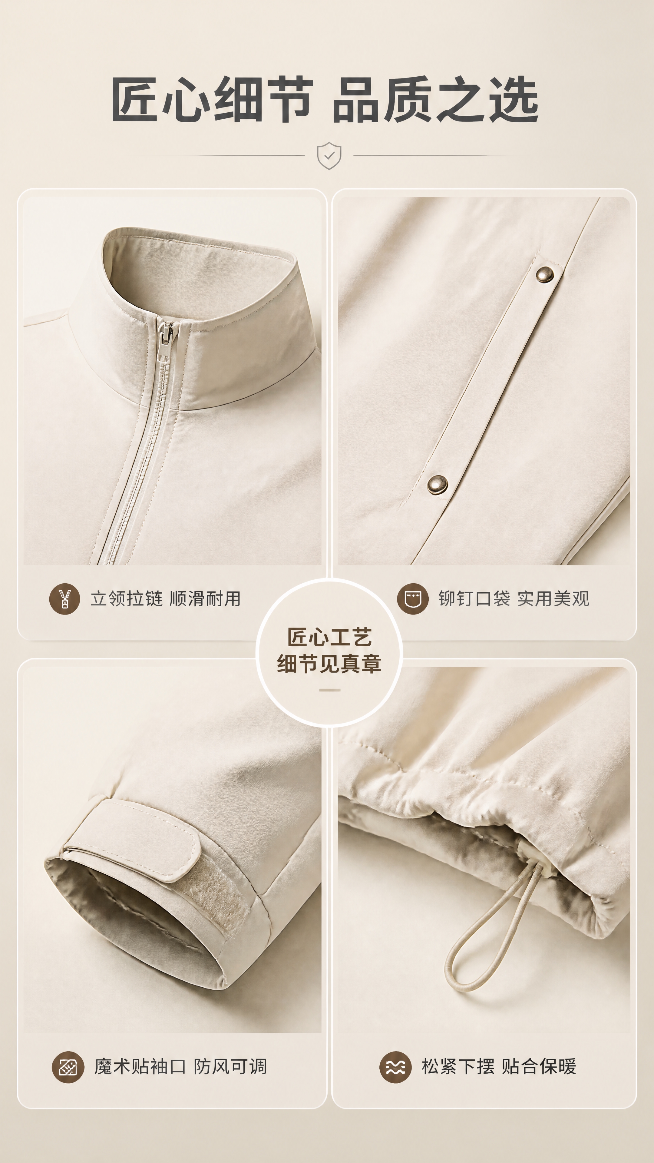 [商品] 使用【图1】浅米色男士立领休闲夹克；商品处理：保留立… - 图片创意预览