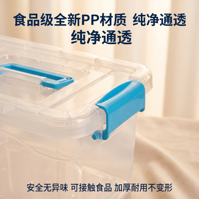 [主图 3] 透明收纳盒材质细节放大展示。
[氛围风格] 温馨舒适家居治愈风，整体风格与前两张主图保持统一
[画质] 商业摄影质感，光线柔和通透，产品清晰真实，画面干净高级
[元素] 特写展示透明收纳预览效果