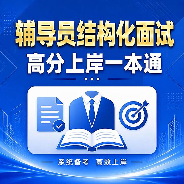 将图片中第一行文字"辅导员结构化面试"的字号放大，使其比第二行"高分上岸一本通"更大更醒目，并将该文字颜色改为金色（带金属质感的金黄色），保持其他所有内容、布局、背景完全不变。