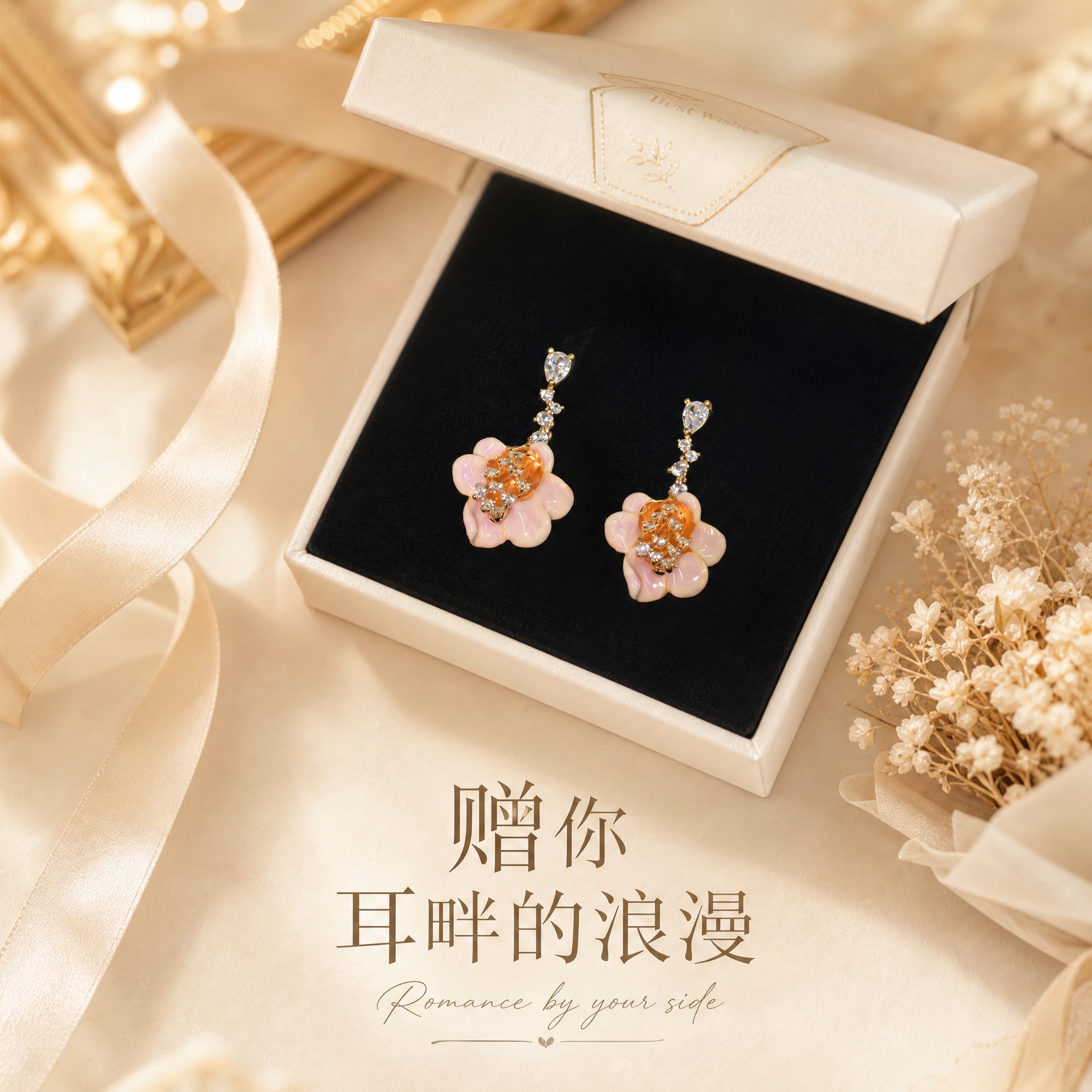 [主图-5] 法式花朵锆石流苏耳环 礼赠场景 礼盒展示 [统一… - 图片创意预览