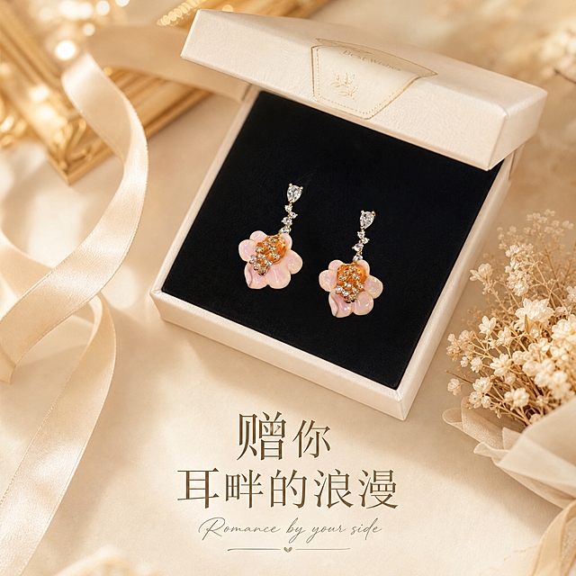 [主图-5] 法式花朵锆石流苏耳环 礼赠场景 礼盒展示
[统一基调] 精致轻奢高级质感 柔光氛围 奶油米白背景 浅香槟金点缀 文艺衬线字体 标题字色深金棕 辅助字色暖灰 整体克制留白 珠宝商业摄影质感
[画面] 米白色高级首饰礼盒半开状态 盒内黑色丝绒内衬 耳环放置于礼盒中央 旁边搭配同色系丝带与一小束迷你干花装饰 营造礼赠氛围 礼盒置于浅米色桌面 背景柔和虚化 整体画面温暖有仪式感 主体耳环清晰 礼盒与配饰点缀 主体占比约50% 45度俯视角度
[光影质感] 柔和暖光 礼盒质感高级 丝绒内衬柔和反光 耳环金属与锆石闪耀 整体温馨光影 精修质感
[配色] 米白礼盒 黑色丝绒 暖金色耳环 淡粉花瓣 透明锆石 深金棕文字 暖调氛围
[文字版式] 底部居中下方文字 赠你 耳畔的浪漫 主标题大 副标题小 精致手写体点缀 不遮挡主体
[输出要求] 1:1比例 2048x2048 产品清晰 文字清晰 礼赠氛围 负向 变形 错字 模糊 杂乱 水印 平台logo