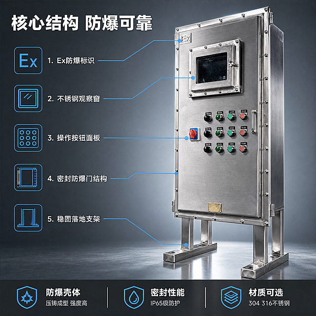[主图-2] 不锈钢防爆配电箱核心结构亮点图，技术说明型高信息密度页。
[氛围风格] 冷灰工业科技风，技术专业感，结构清晰；
[画质] 商业摄影质感、光线硬朗、结构细节锐利、金属质感真实。
[元素] 立式不锈钢防爆配电箱主体占画面右侧约60%，45°斜侧视角展示箱体厚度、螺栓排布、门铰链、密封结构。左侧为技术说明区，用引线从箱体各部位引出标注：1. Ex防爆标识（顶部）2. 不锈钢视窗（中部）3. 操作按钮面板（中部）4. 密封门结构（侧边）5. 落地支架（底部）。背景为浅灰色渐变工业风，底部有微弱反光台面。**保持不锈钢防爆配电箱外观（物理结构、材质质感、银色不锈钢颜色、螺栓数量与排布、视窗大小、按钮布局）与输入产品图一致，杜绝任何变形和色差**。画面满屏无边框。
[光影] 左前侧主光，突出箱体侧面厚度与螺栓立体感；顶部轮廓光勾勒箱体上沿；底部柔和反光。金属高光清晰，暗部细节保留。
[配色] 主色冷灰银（不锈钢）；辅色中灰（背景）；强调色科技蓝（引线与标注图标）。
[视角构图] 45°斜侧微仰视，箱体右侧为主体，左侧留出技术标注空间；景深中等，主体清晰锐利。
[文字版式] 顶部大标题"核心结构 防爆可靠"，白色粗体无衬线，左对齐。左侧竖排5条结构标注，每条配蓝色细线图标+中文标注文字：「Ex防爆标识」「不锈钢观察窗」「操作按钮面板」「密封防爆门结构」「稳固落地支架」，文字为白色中等字号。底部通栏深灰色，三列卖点：「防爆壳体」「压铸成型 强度高」「密封性能」「IP65级防护」「材质可选」「304 316不锈钢」。
[输出要求] 1:1比例，文字清晰锐利，画面超高清商业摄影质感。
[负向提示词] 变形，文字错乱，产品图模糊，背景杂乱，水印，电商平台Logo，多余的手，多余的手指，畸形手，融合手指，手部扭曲，人物面部扭曲，关节反折。