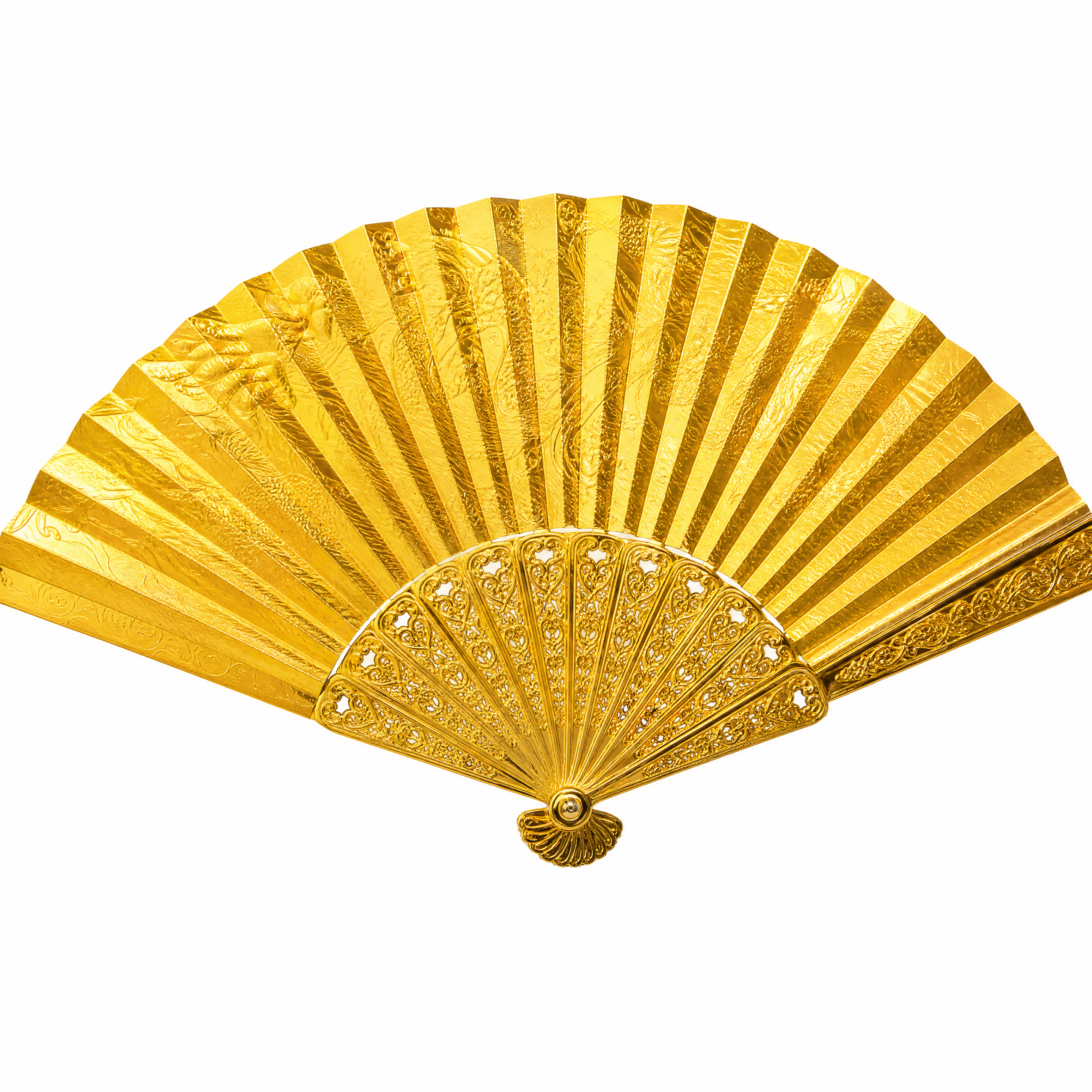 一把金光闪闪的黄金折扇，扇面完全展开呈半圆形，通体由纯金打造，… - 图片创意预览