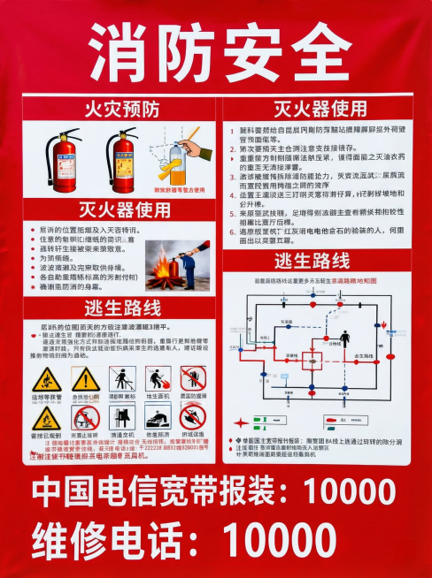 只保留海报本身，去除周围墙体和框架环境，提高清晰度，简化画面内容，保留原有消防安全须知布局和下方中国电信预留电话区域预览效果
