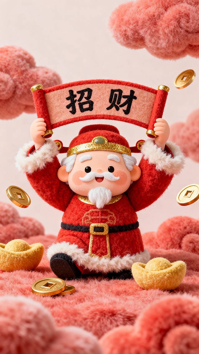 Q 版毛茸茸财神爷，圆脸蛋 + 蓬松白发，帽子带金边，穿着带毛绒边的红色官服，手里举着 “招财” 卷轴，周围环绕软乎乎的金币、元宝，背景是淡红色毛绒祥云，整体喜庆又可爱