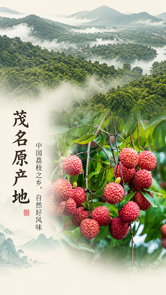 [第2屏] 桂味荔枝核心产地优势展示屏。
[氛围/风格] 高端新中式国风，自然清新氛围感，商业摄影质感，淡雅高级。
[元素布局] 上方为茂名荔枝园实景，翠绿山林云雾缭绕，中下方放置【图1】的荔枝串特写，保持荔枝果实纹理颜色枝条绿叶与原图一致，荔枝占画面40%-50%，文字区域放在左侧，底部留白1厘米。整体布局上下分栏，上为产地实景，下为产品+文案，层次分明。
[光影质感] 自然散射光，整体明亮通透，山林云雾柔和，荔枝果实清晰有光泽。
[配色色系] 全局底色：#F7F3E9（浅米宣纸色）；主体配色：山林翠绿#588157、荔枝红色#E63946；辅助色：浅青#A8DADC、文字深棕#2B2B2B。
[视角构图] 远景山林+近景荔枝，景深效果，竖向9:16构图，阅读动线从上到下。
[文字版式] 左侧竖排主标题「茂名原产地」，副标题「中国荔枝之乡，自然好风味」。主标题温润书法字体深棕色，副标题同字体深灰色，字号层级清晰，不遮挡荔枝主体。底部留白1厘米。沿用全套字体规范：温润书法标题+宋体正文，字色仅深棕深灰，纯色填充。
[比例分辨率] 9:16竖版比例，4K分辨率，文字清晰可辨，超高清。
[负向提示词] 荔枝变形，果实缺失，颜色偏差，文字错乱，背景杂乱，虚假风景，过度修饰。
